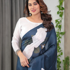 Midnight Blue Satin Georgette White Rose Printed Saree with Attached Blouse – Elegant Designer Saree for Festive & Evening Wear