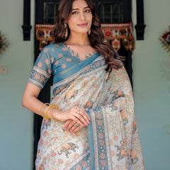 Icy Blue Handloom Cotton Saree with Peach Elephant Motifs & Royal Procession Pallu