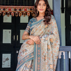 Icy Blue Handloom Cotton Saree with Peach Elephant Motifs & Royal Procession Pallu