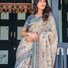 Icy Blue Handloom Cotton Saree with Peach Elephant Motifs & Royal Procession Pallu