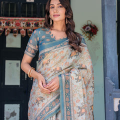 Icy Blue Handloom Cotton Saree with Peach Elephant Motifs & Royal Procession Pallu