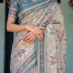 Icy Blue Handloom Cotton Saree with Peach Elephant Motifs & Royal Procession Pallu