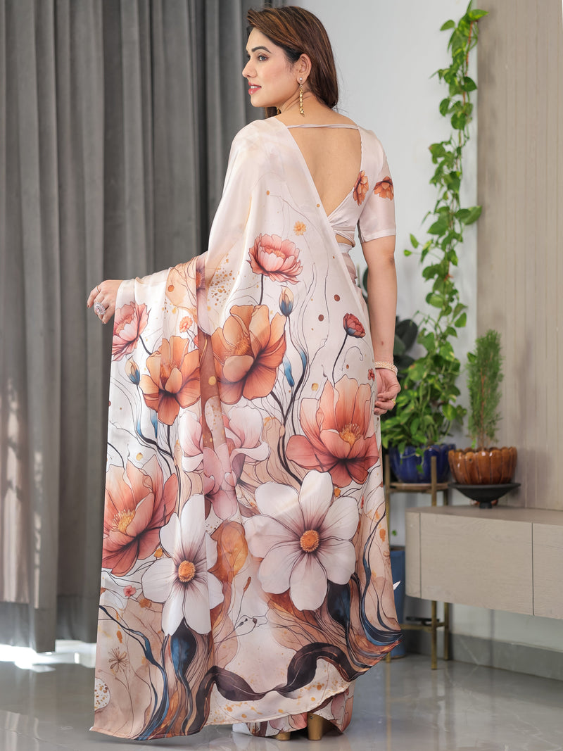 Ivory Beige Satin Georgette Abstract Floral Printed Saree with Attached Blouse – Elegant Designer Saree for Festive & Sophisticated Wear