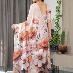 Ivory Beige Satin Georgette Abstract Floral Printed Saree with Attached Blouse – Elegant Designer Saree for Festive & Sophisticated Wear