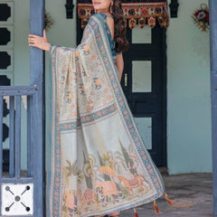 Icy Blue Handloom Cotton Saree with Peach Elephant Motifs & Royal Procession Pallu
