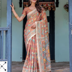 Terracotta Handloom Cotton Saree with Blooming Floral Print & Madhubani Fish Pallu