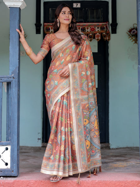 Terracotta Handloom Cotton Saree with Blooming Floral Print & Madhubani Fish Pallu