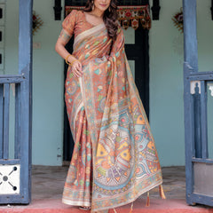 Terracotta Handloom Cotton Saree with Blooming Floral Print & Madhubani Fish Pallu