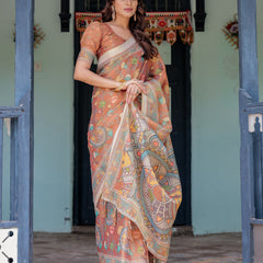 Terracotta Handloom Cotton Saree with Blooming Floral Print & Madhubani Fish Pallu