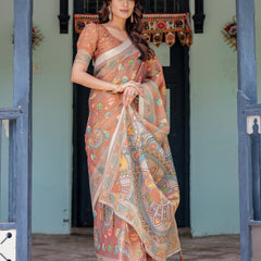 Terracotta Handloom Cotton Saree with Blooming Floral Print & Madhubani Fish Pallu