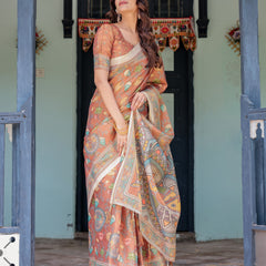 Terracotta Handloom Cotton Saree with Blooming Floral Print & Madhubani Fish Pallu