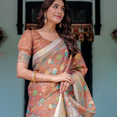 Terracotta Handloom Cotton Saree with Blooming Floral Print & Madhubani Fish Pallu