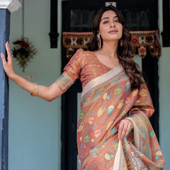 Terracotta Handloom Cotton Saree with Blooming Floral Print & Madhubani Fish Pallu