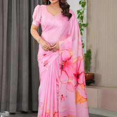Blush Pink Satin Georgette Abstract Floral Printed Saree with Attached Blouse – Soft Pastel Designer Saree for Festive & Elegant Wear