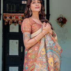 Terracotta Handloom Cotton Saree with Blooming Floral Print & Madhubani Fish Pallu