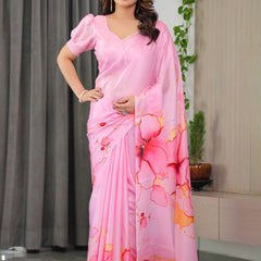 Blush Pink Satin Georgette Abstract Floral Printed Saree with Attached Blouse – Soft Pastel Designer Saree for Festive & Elegant Wear