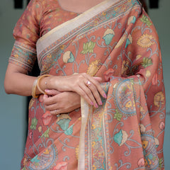 Terracotta Handloom Cotton Saree with Blooming Floral Print & Madhubani Fish Pallu