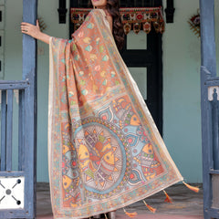 Terracotta Handloom Cotton Saree with Blooming Floral Print & Madhubani Fish Pallu