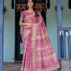 Plum Rose Handloom Cotton Saree with Floral Buttas & Traditional Peacock Medallion Pallu