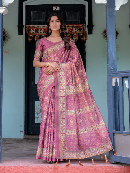 Plum Rose Handloom Cotton Saree with Floral Buttas & Traditional Peacock Medallion Pallu
