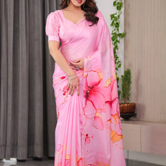Blush Pink Satin Georgette Abstract Floral Printed Saree with Attached Blouse – Soft Pastel Designer Saree for Festive & Elegant Wear