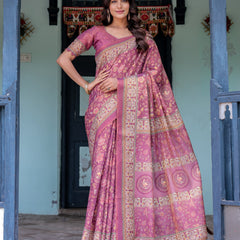 Plum Rose Handloom Cotton Saree with Floral Buttas & Traditional Peacock Medallion Pallu
