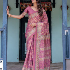 Plum Rose Handloom Cotton Saree with Floral Buttas & Traditional Peacock Medallion Pallu