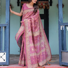 Plum Rose Handloom Cotton Saree with Floral Buttas & Traditional Peacock Medallion Pallu