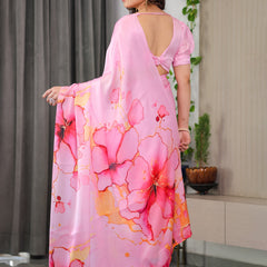 Blush Pink Satin Georgette Abstract Floral Printed Saree with Attached Blouse – Soft Pastel Designer Saree for Festive & Elegant Wear