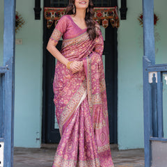 Plum Rose Handloom Cotton Saree with Floral Buttas & Traditional Peacock Medallion Pallu