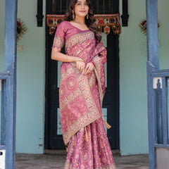 Plum Rose Handloom Cotton Saree with Floral Buttas & Traditional Peacock Medallion Pallu