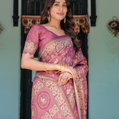 Plum Rose Handloom Cotton Saree with Floral Buttas & Traditional Peacock Medallion Pallu