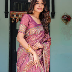 Plum Rose Handloom Cotton Saree with Floral Buttas & Traditional Peacock Medallion Pallu