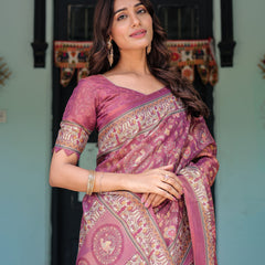 Plum Rose Handloom Cotton Saree with Floral Buttas & Traditional Peacock Medallion Pallu