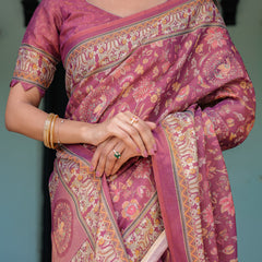 Plum Rose Handloom Cotton Saree with Floral Buttas & Traditional Peacock Medallion Pallu