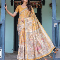 Golden Mustard Handloom Cotton Saree with Floral Vines & Graceful Deer Pallu