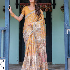 Golden Mustard Handloom Cotton Saree with Floral Vines & Graceful Deer Pallu