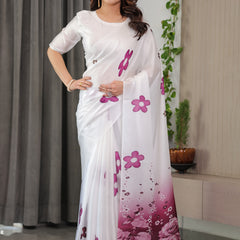 Pearl White Satin Georgette Ombre Floral Printed Saree with Attached Blouse – Elegant Rose Print Designer Saree for Festive & Party Wear