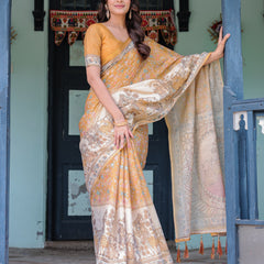 Golden Mustard Handloom Cotton Saree with Floral Vines & Graceful Deer Pallu