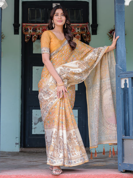 Golden Mustard Handloom Cotton Saree with Floral Vines & Graceful Deer Pallu