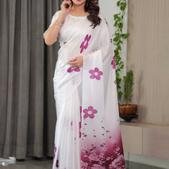 Pearl White Satin Georgette Ombre Floral Printed Saree with Attached Blouse – Elegant Rose Print Designer Saree for Festive & Party Wear