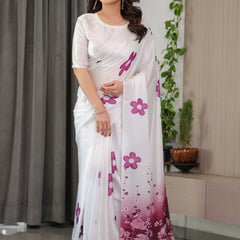 Pearl White Satin Georgette Ombre Floral Printed Saree with Attached Blouse – Elegant Rose Print Designer Saree for Festive & Party Wear