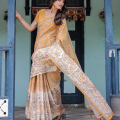Golden Mustard Handloom Cotton Saree with Floral Vines & Graceful Deer Pallu