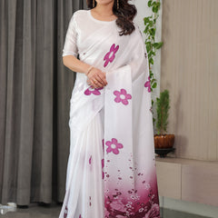Pearl White Satin Georgette Ombre Floral Printed Saree with Attached Blouse – Elegant Rose Print Designer Saree for Festive & Party Wear