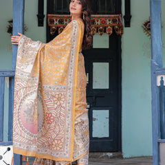 Golden Mustard Handloom Cotton Saree with Floral Vines & Graceful Deer Pallu