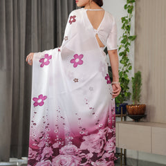 Pearl White Satin Georgette Ombre Floral Printed Saree with Attached Blouse – Elegant Rose Print Designer Saree for Festive & Party Wear