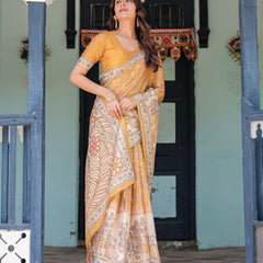 Golden Mustard Handloom Cotton Saree with Floral Vines & Graceful Deer Pallu