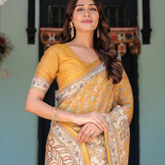 Golden Mustard Handloom Cotton Saree with Floral Vines & Graceful Deer Pallu