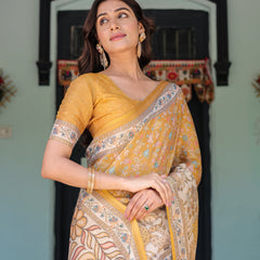 Golden Mustard Handloom Cotton Saree with Floral Vines & Graceful Deer Pallu