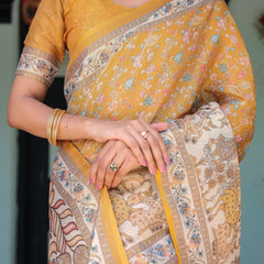 Golden Mustard Handloom Cotton Saree with Floral Vines & Graceful Deer Pallu